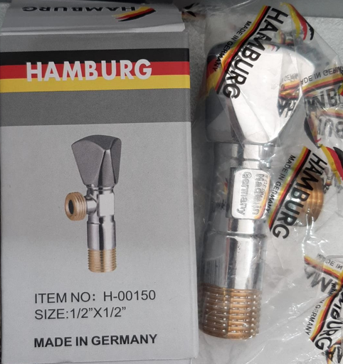 [1044] Hamburg Angle Valve Model H-00150 Size 1/2" x 1/2"-Hamburg  محبس زاوية الماني مقاس 1/2 *1/2 بوصة خط واحد نحاس ثقيل